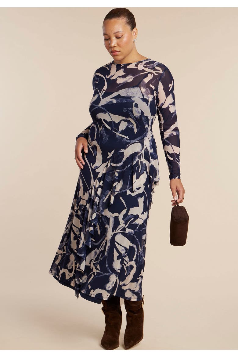 Asym Printed Midi Dress, Alternate, color, INK BLOTCH NAVY