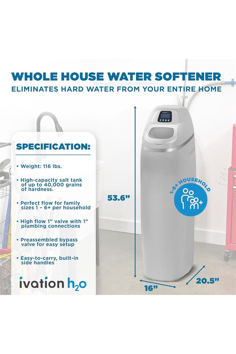 H2O 40,000 Grain Water Softener System, Whole House Water Softener w/Patented Ceramic Discs, Alternate, color, White