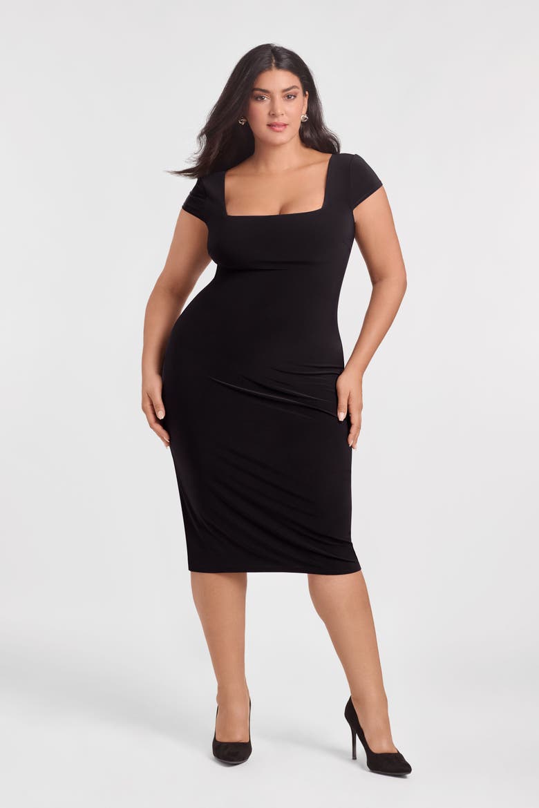 Sculpting Shapewear Square Neck Cap Sleeve Solid Midi Dress, Alternate, color, Onyx Black