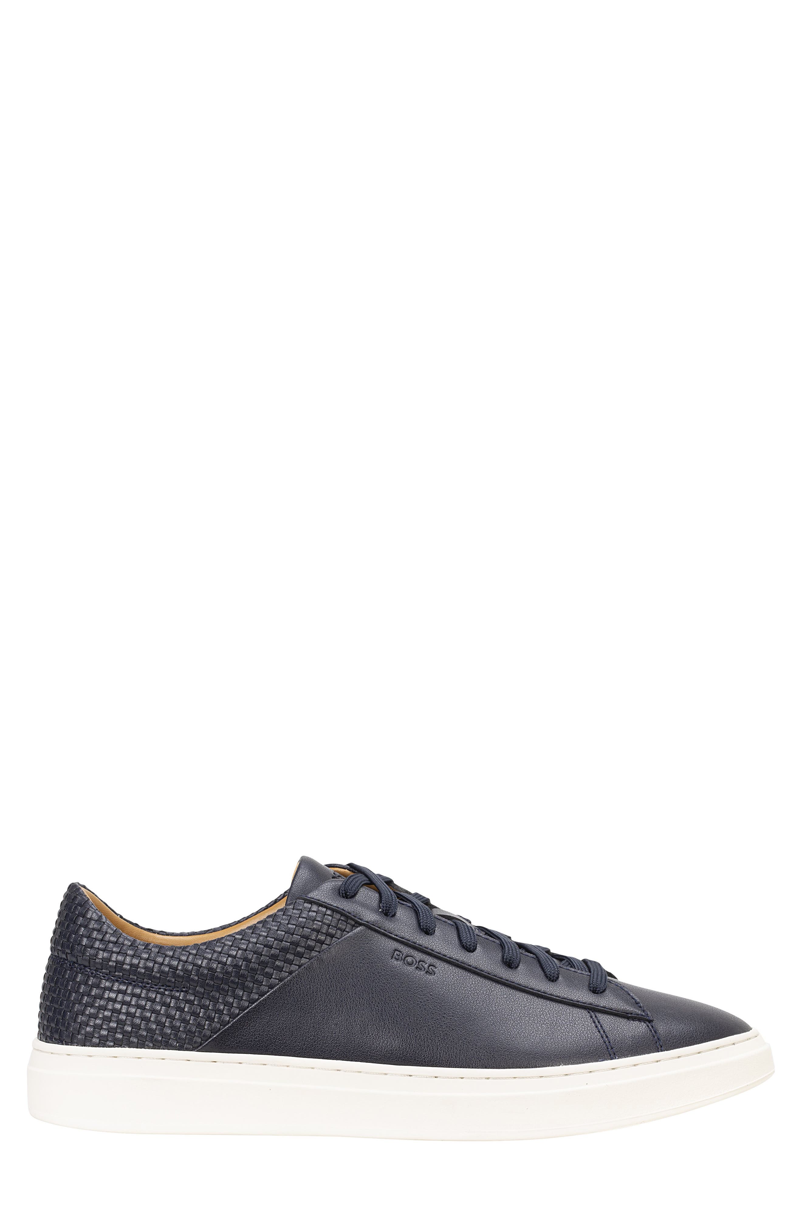 BOSS Kieran Woven Leather Low Top Sneaker, Main, color, Dark Blue