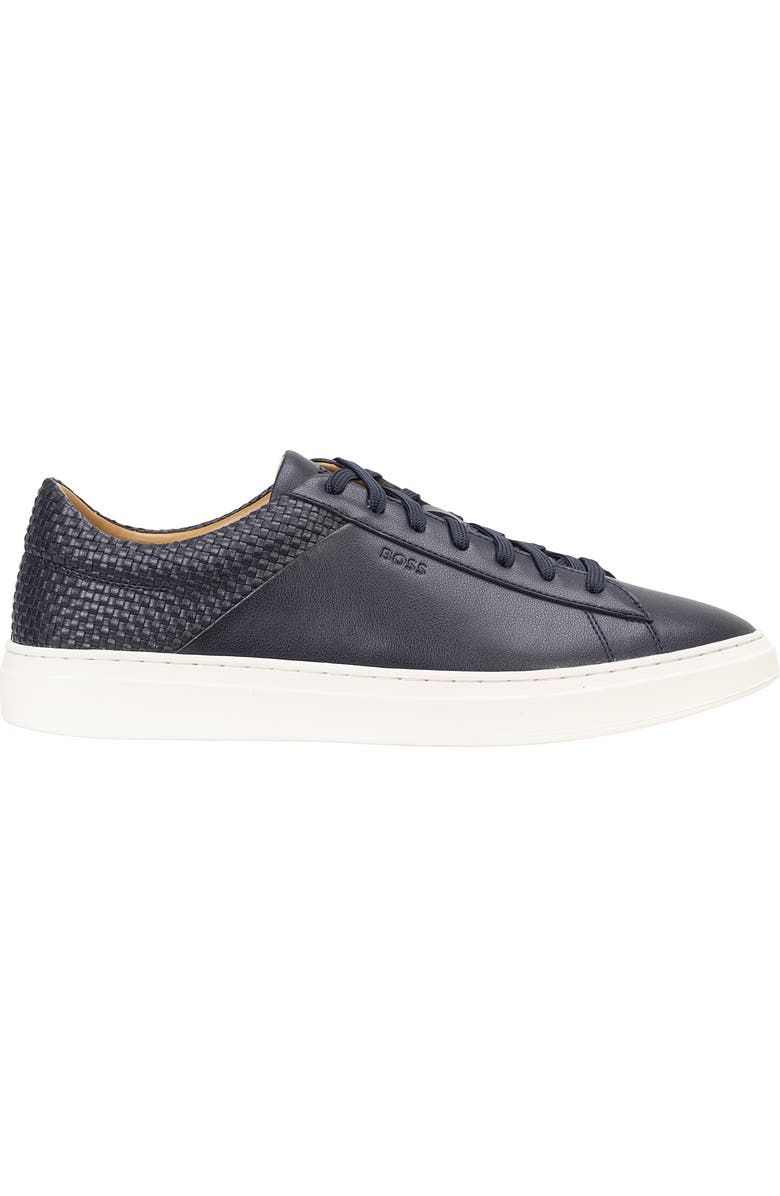 BOSS Kieran Woven Leather Low Top Sneaker, Main, color, Dark Blue