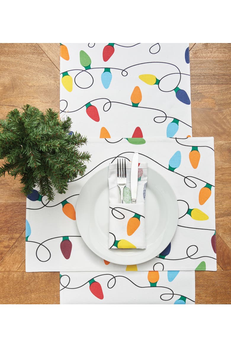 Christmas String Lights Printed 100% Cotton Table Runner 14" x 72", Alternate, color, White