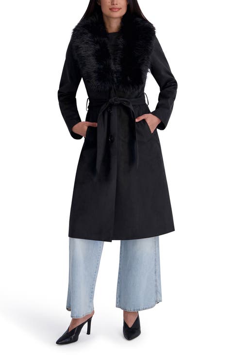 Faux Fur Collar Faux Suede Belted Coat