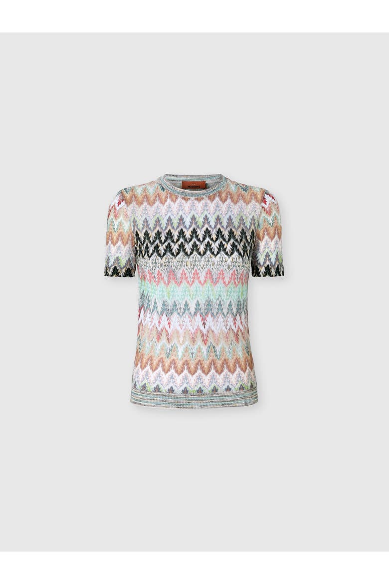 Crew-neck T-shirt In Cotton And Viscose Lamé With Lace Motif, Main, color, Multicoloured