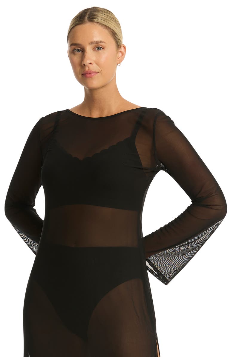 Sea Level Day Club Long Sleeve Mesh Cover-Up Dress, Alternate, color, Black