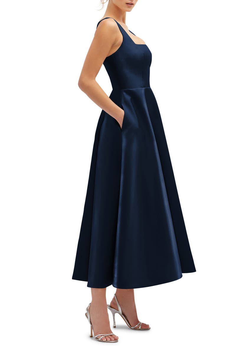 Square Neck Sateen Midi Gown, Alternate, color, MIDNIGHT