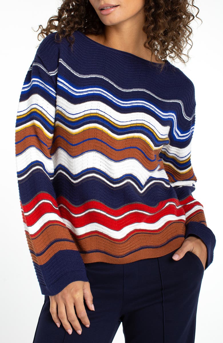 Liverpool Los Angeles Scalloped Hem Sweater, Main, color, Navy/ Brown/ Multi Stp