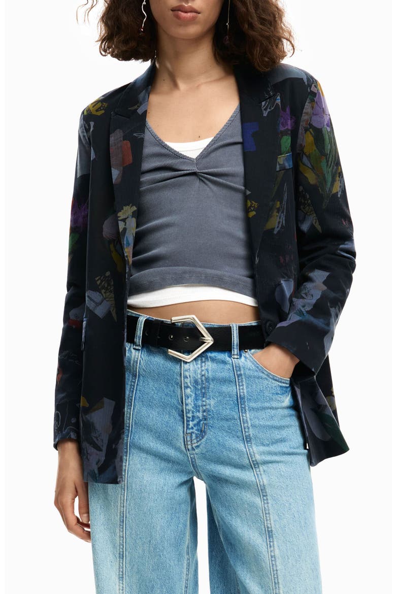 Graphic Floral Print Single Breasted Blazer, Main, color, BLACK