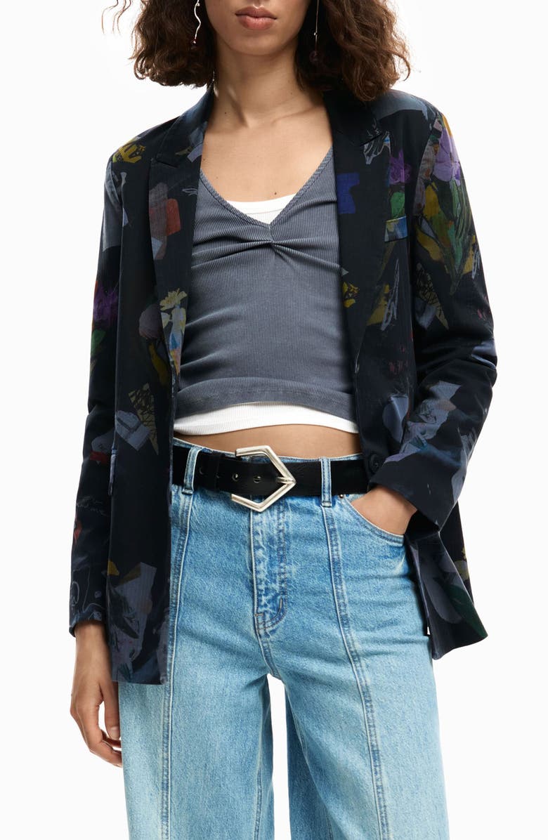 Desigual Graphic Floral Print Single Breasted Blazer, Main, color, Black