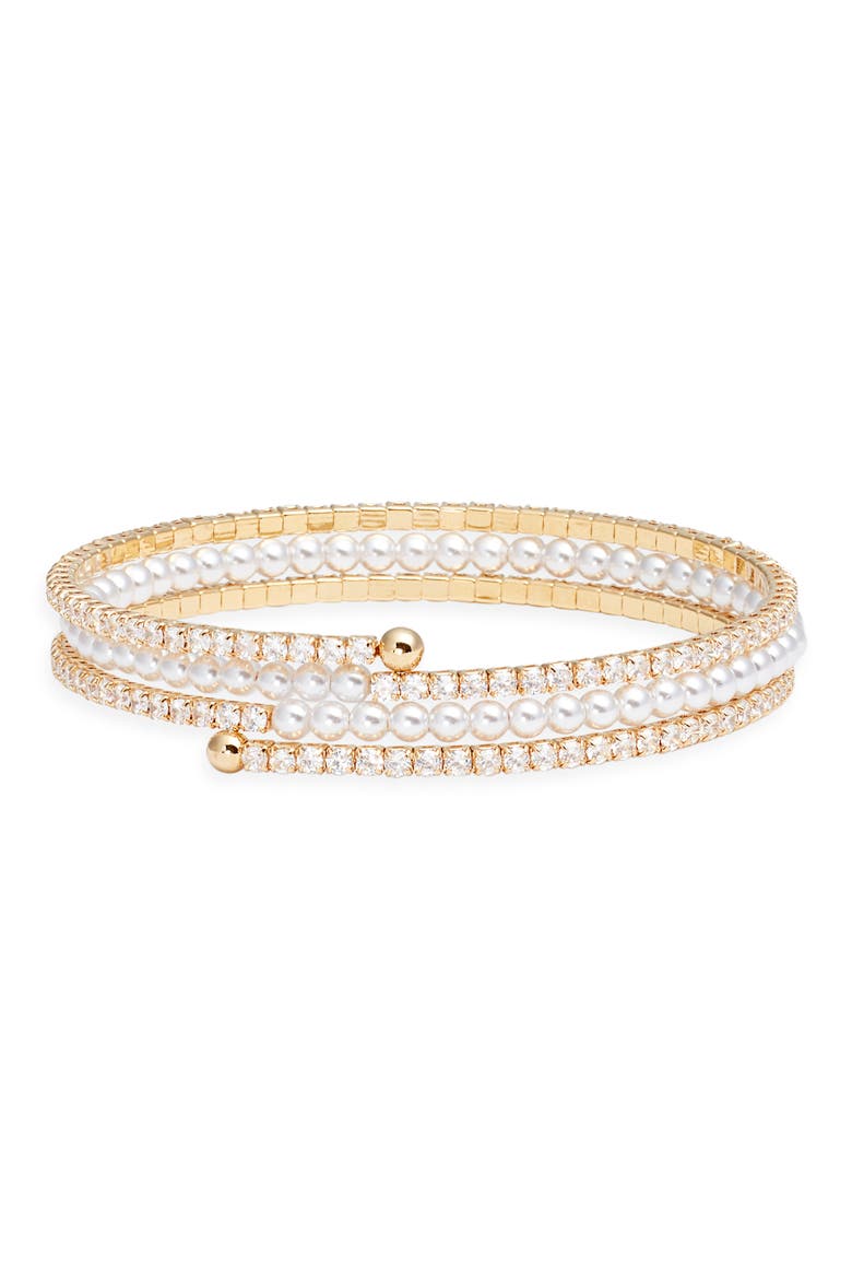 Faux Pearl & Cubic Zirconia Coil Wrap Bracelet, Main, color, CLEAR- WHITE- GOLD