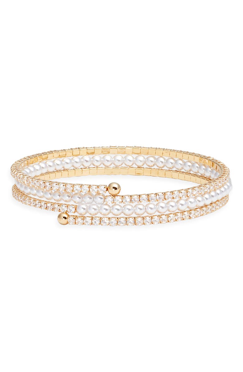 Nordstrom Faux Pearl & Cubic Zirconia Coil Wrap Bracelet, Main, color, Clear- White- Gold