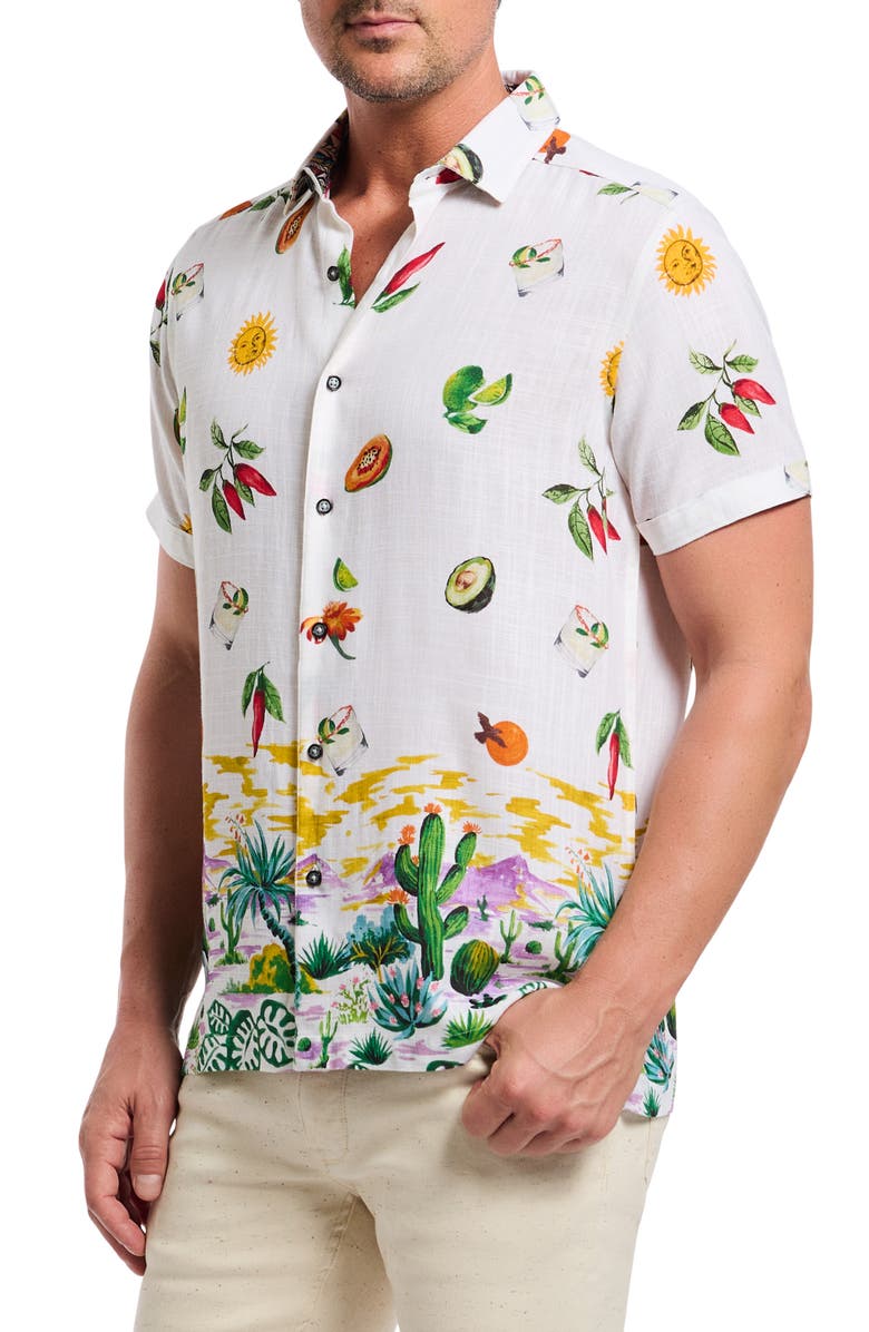 Robert Graham Mezcal Print Short Sleeve Button-Up Shirt, Alternate, color, White Multi