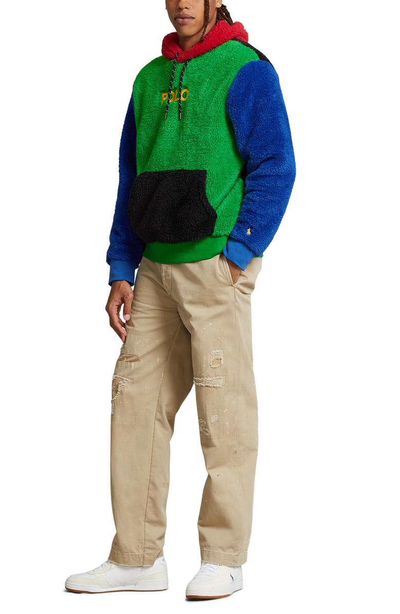 Polo Ralph Lauren Curly High Pile Faux Fur Colorblocked Hoodie, Alternate, color, Cruise Green Multi