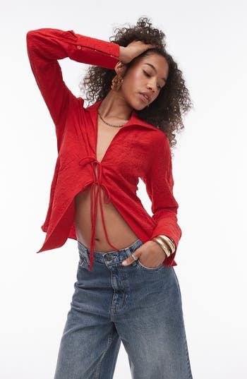 Topshop Tie Front Crinkle Top In Red In Red