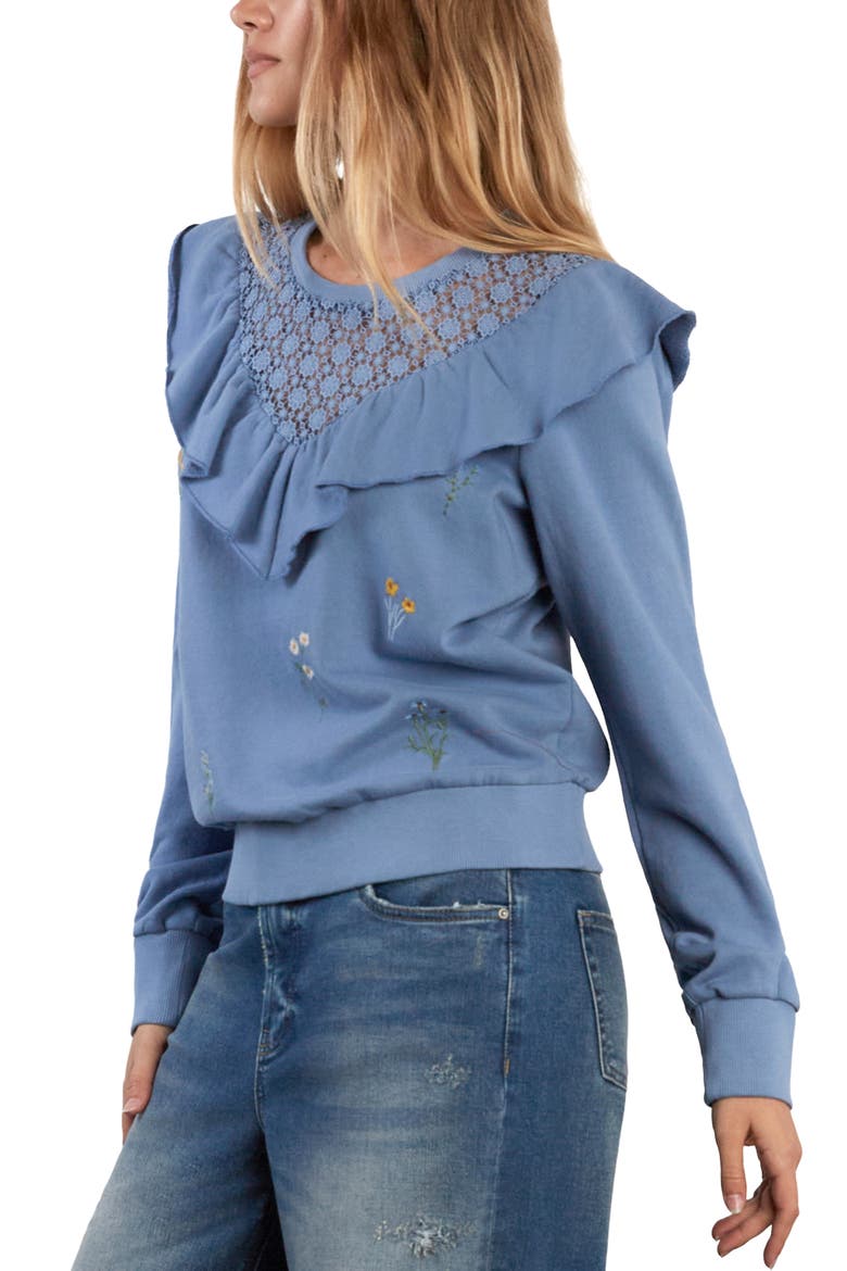 Blossom Embroidered Ruffle Lace Sweatshirt, Alternate, color, ASHLEIGH BLUE