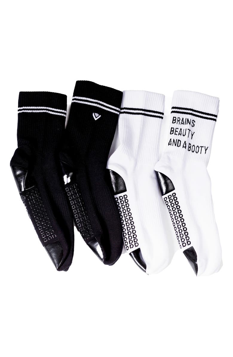 Arebesk Brains Beauty and a Booty Assorted 2-Pack Grip Crew Socks, Main, color, White - Black