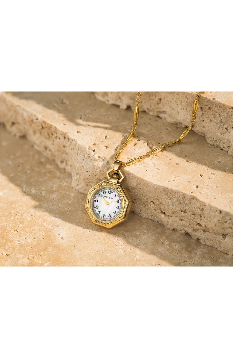 BULOVA Rubaiyat Mother-of-Pearl Pendant Necklace Watch, 28.8mm, Alternate, color, Gold-Tone