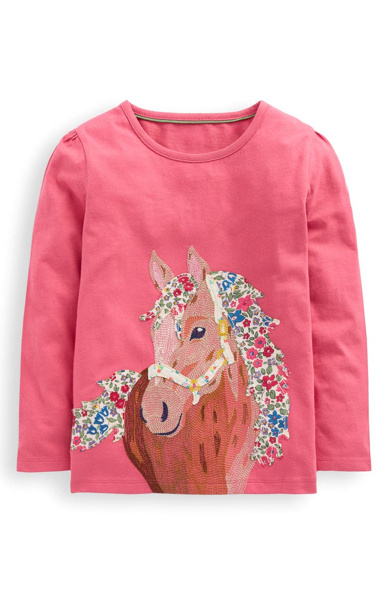 Mini Boden Kids' Long Sleeve Superstitch T-Shirt, Main, color, Rose Pink Horses