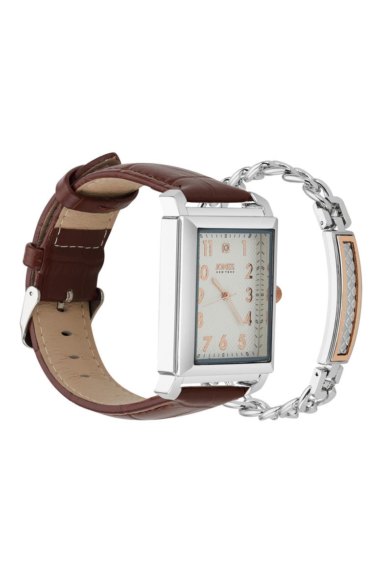Diamond Accent Three-Hand Quartz Watch & ID Bracelet Set, Alternate, color, BROWN