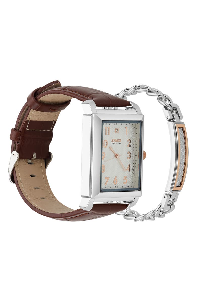 Jones New York Diamond Accent Three-Hand Quartz Watch & ID Bracelet Set, Alternate, color, Brown