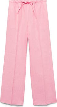 MANGO Tie Waist Wide Leg Linen Pants