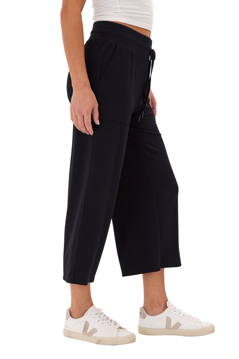 Carrie Feather Fleece Crop Wide Leg Sweatpants, Alternate, color, BLACK