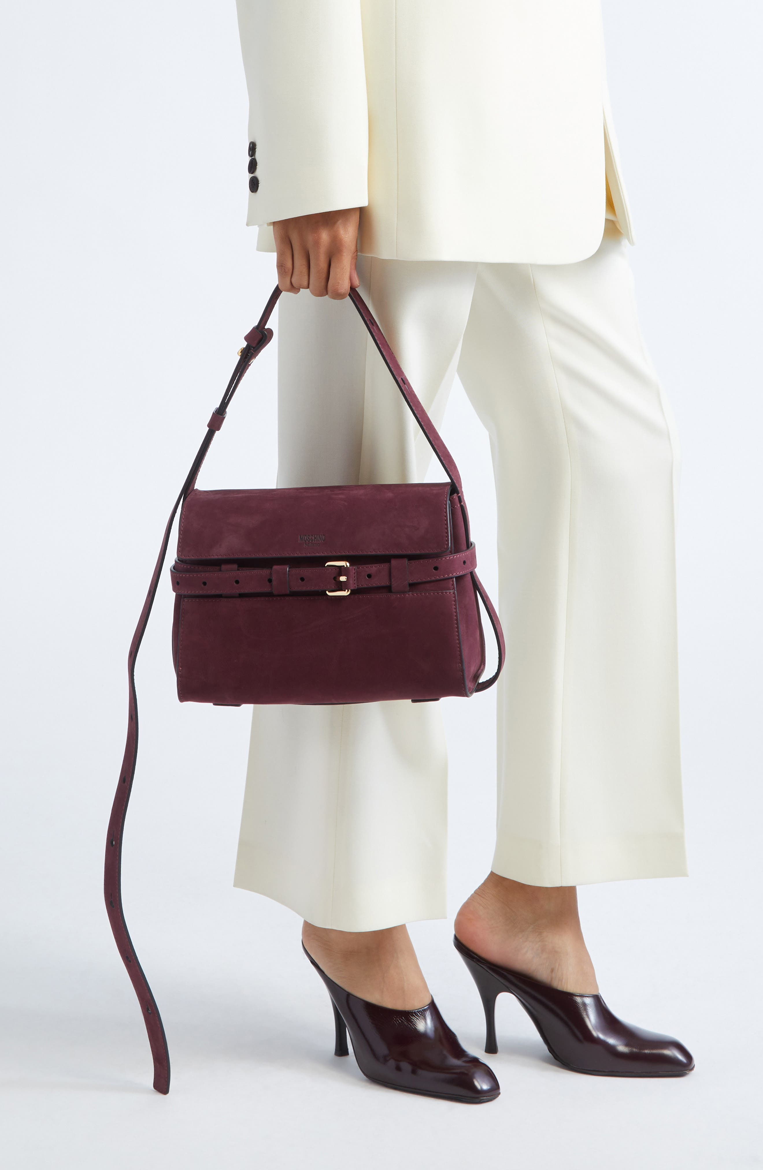 Moschino Tie Me Suede Shoulder Bag, Alternate, color, Wine