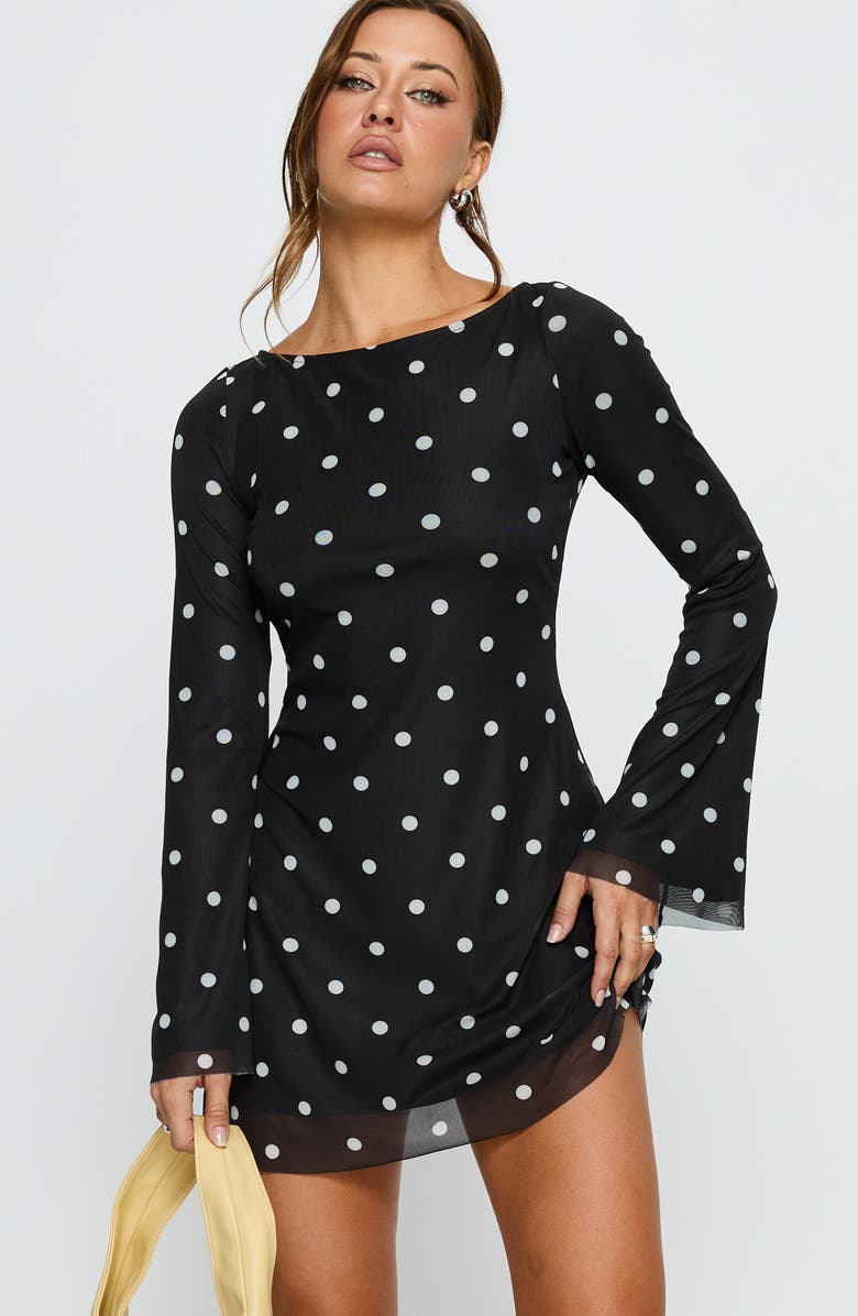 Princess Polly Lukea Polka Dot Long Sleeve Mesh Minidress, Alternate, color, Black Polka Dot