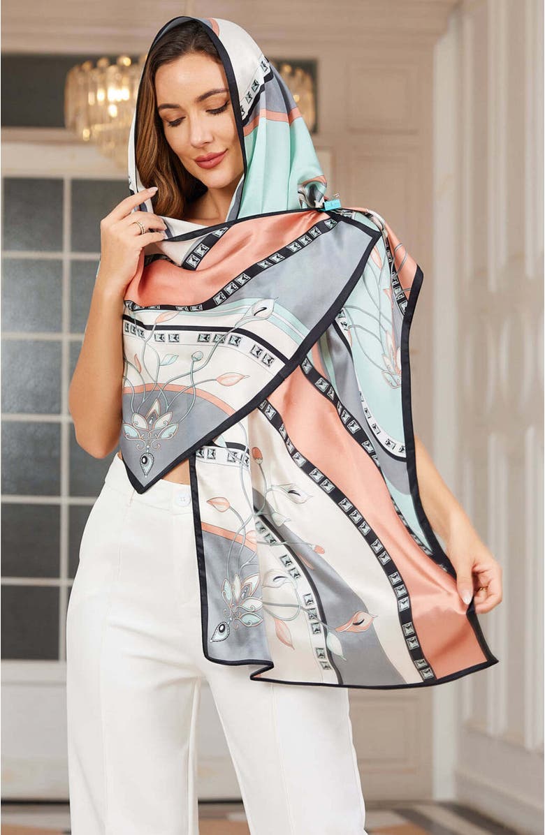 SILKSILKY Mulberry Silk Printed Rectangular Long Shawl Scarf, Alternate, color, Mint Green