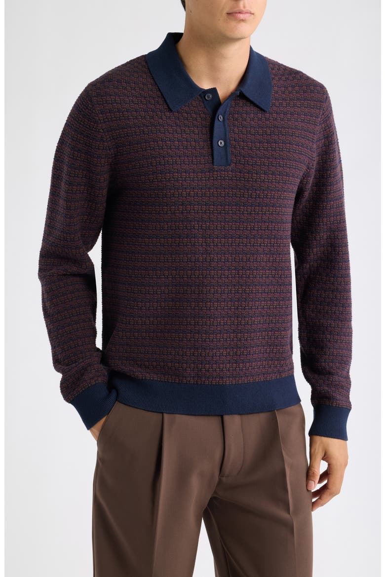Oban Long Sleeve Mini Geometric Jacquard Polo, Main, color, BROWN / NAVY