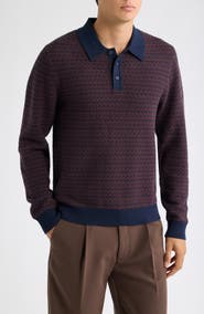 Wax London Oban Long Sleeve Mini Geometric Jacquard Polo