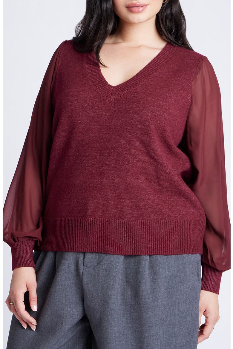 Sheer Sleeve V-Neck Sweater, Main, color, BORDEAUX