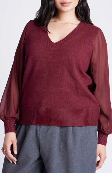 Sheer Sleeve V-Neck Sweater