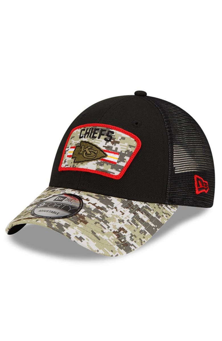 New Era Men's New Era Black/Camo Kansas City Chiefs 2021 Salute To Service Trucker 9FORTY Snapback Adjustable Hat, Alternate, color, 