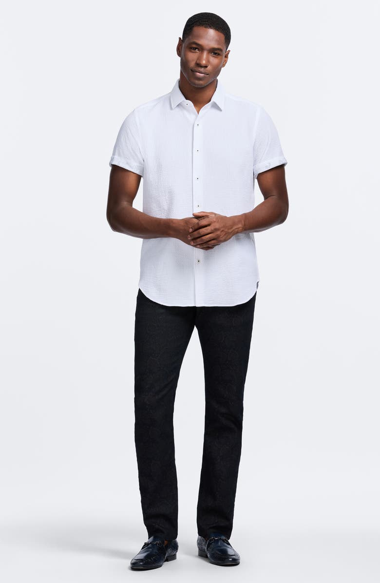 Robert Graham Reid Geo Textured Short Sleeve Cotton Button-Up Shirt, Alternate, color, White
