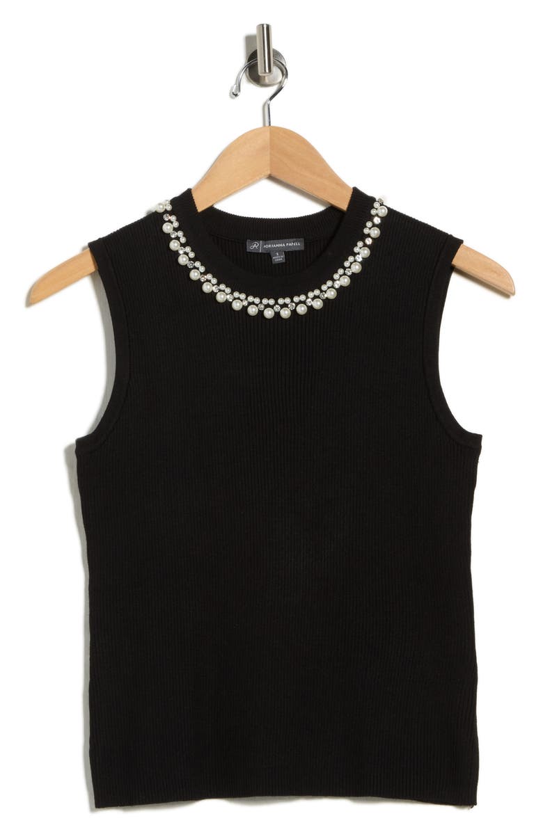 Adrianna Papell Faux Pearl & Rhinestone Collar Sleeveless Sweater, Alternate, color, Black