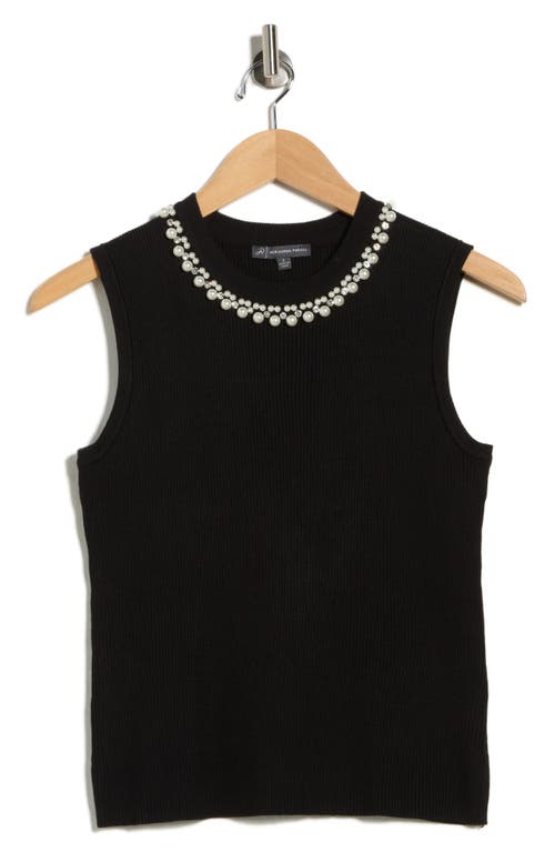 Adrianna Papell Faux Pearl & Rhinestone Collar Sleeveless Sweater In Black