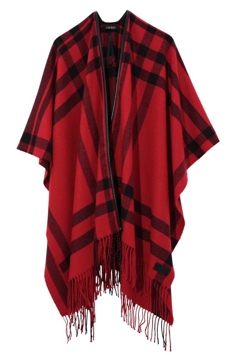 Plaid Ruana with Fringe, Main, color, RED/ BLACK