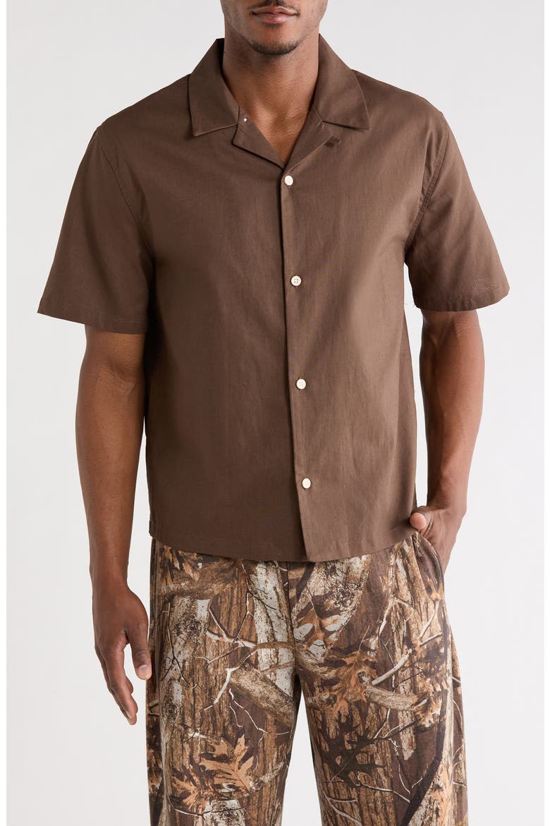 Elai Cotton & Linen Camp Shirt, Main, color, BROWN