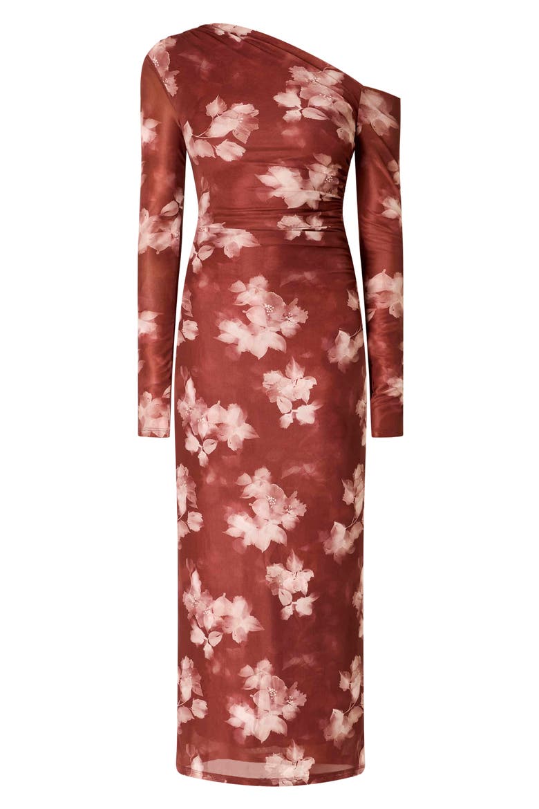 Lyra Floral One-Shoulder Long Sleeve Dress, Alternate, color, MERLOT
