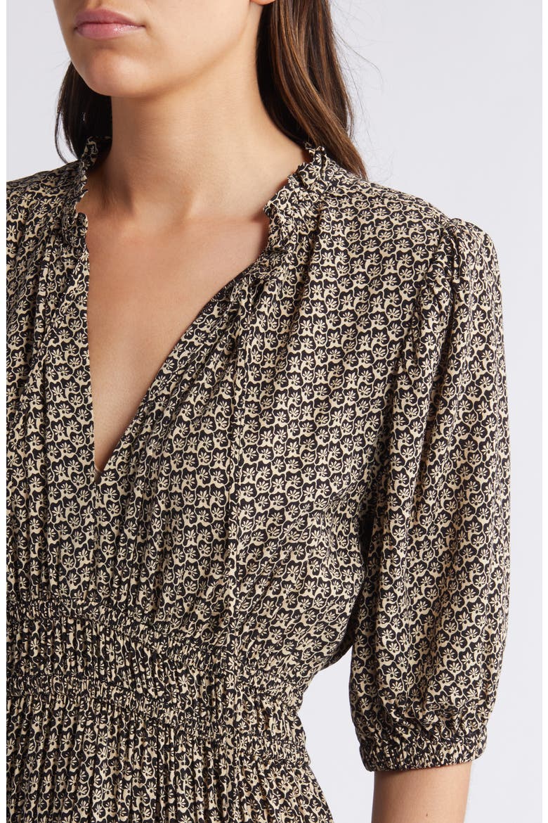 Puff Sleeve Drop Waist Midi Dress, Alternate, color, BLACK- BEIGE FLORAL