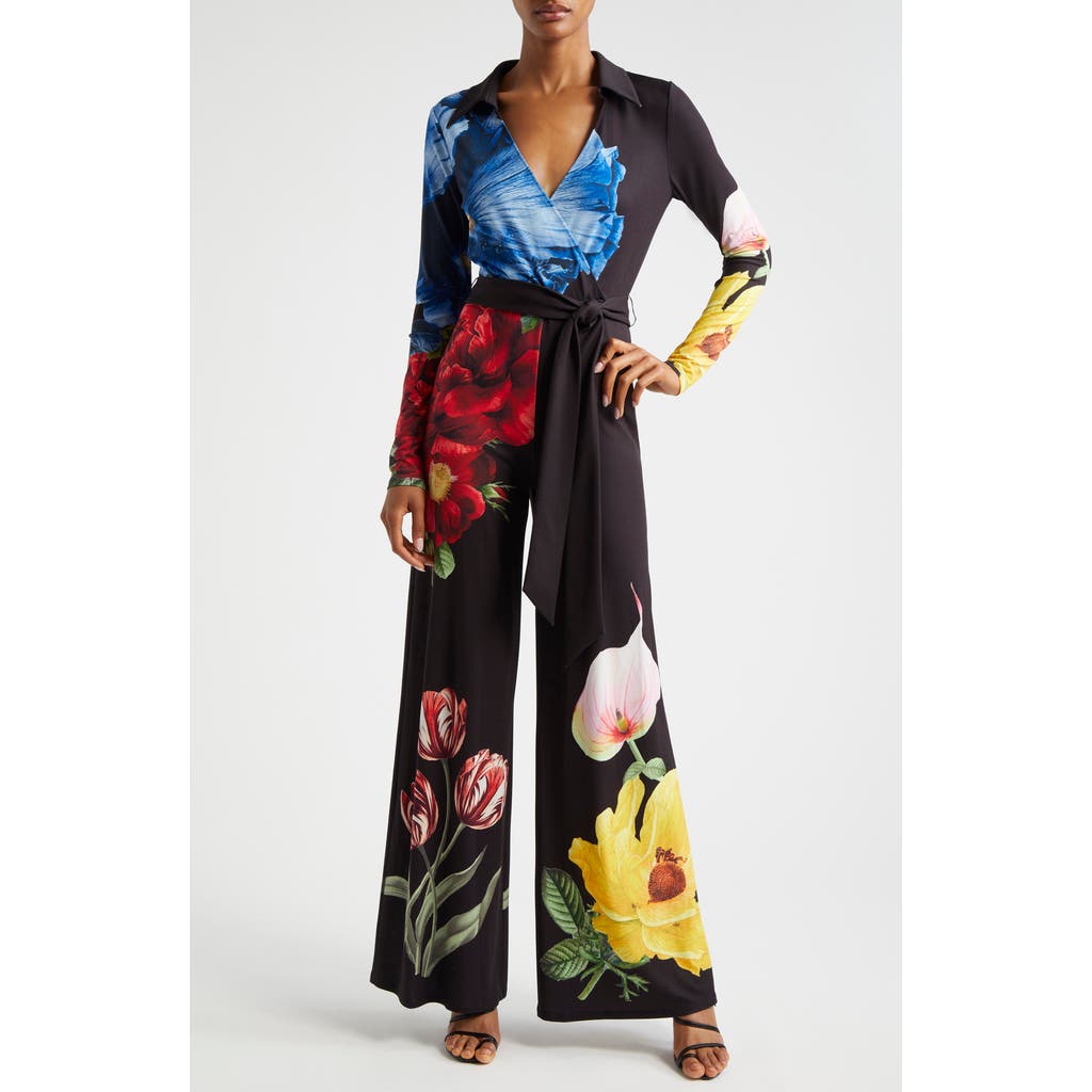 Alice And Olivia Melinda Floral-print Wide-leg Jumpsuit In Le Parisien Black