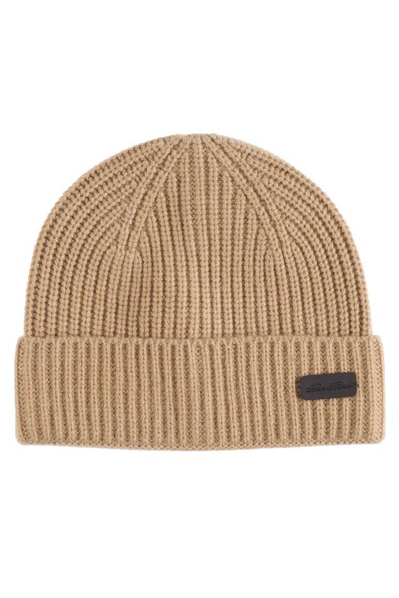 Pure Cashmere Rib Cuffed Beanie, Main, color, Camel