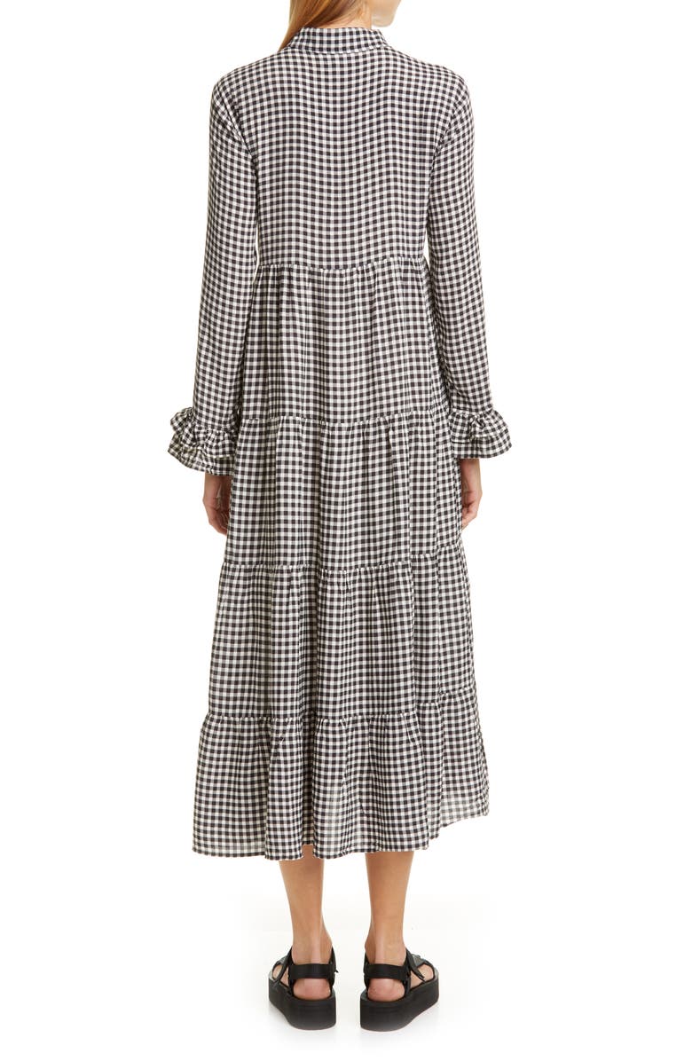 Ganni Gingham Print Crepe Long Sleeve Midi Dress, Alternate, color, 
