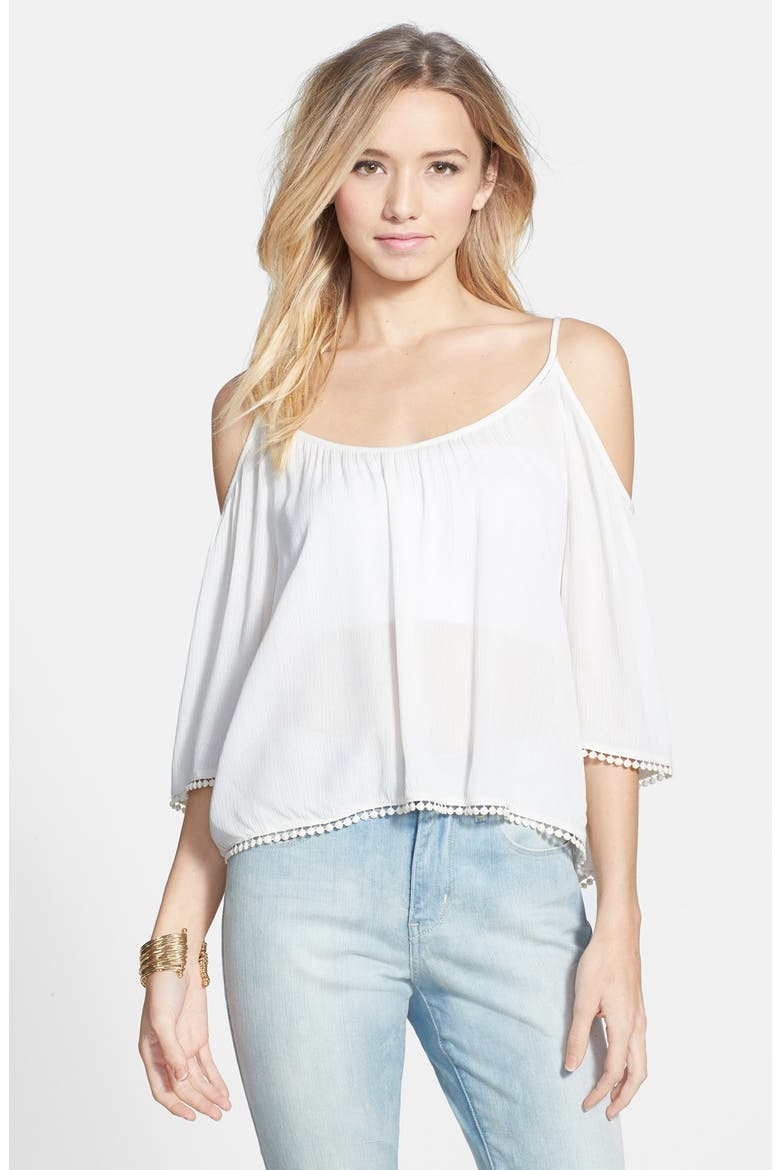 Pom Trim Cold Shoulder Top, Main, color, IVORY