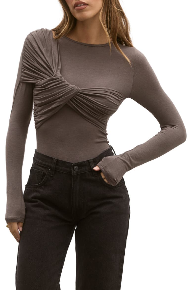 Edie Twisted Long Sleeve Bodysuit, Main, color, SMOKE
