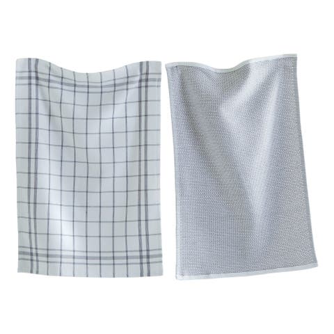 Classic Grey Cotton Dishtowel Set of 2 Checked Solid