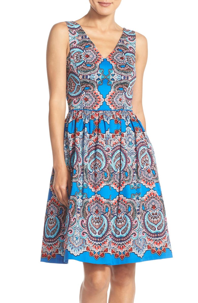 Maggy London Print Sateen Fit & Flare Dress, Main, color,