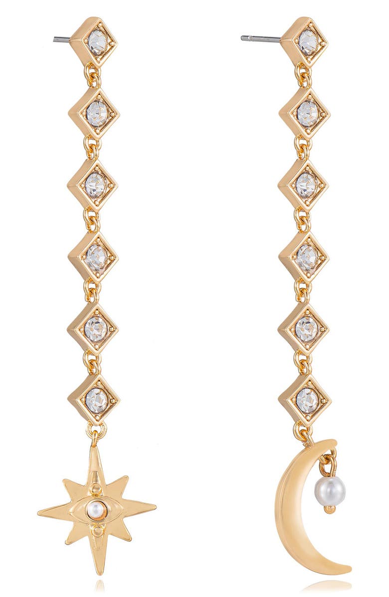 Ettika Star & Moon Imitation Pearl Linear Drop Earrings, Alternate, color, 