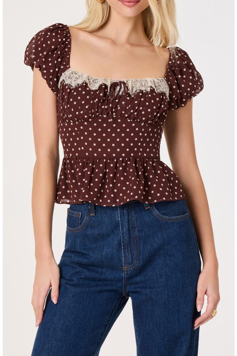 Letitia Polka Dot Lace Trim Peplum Top, Main, color, BROWN POLKADOT